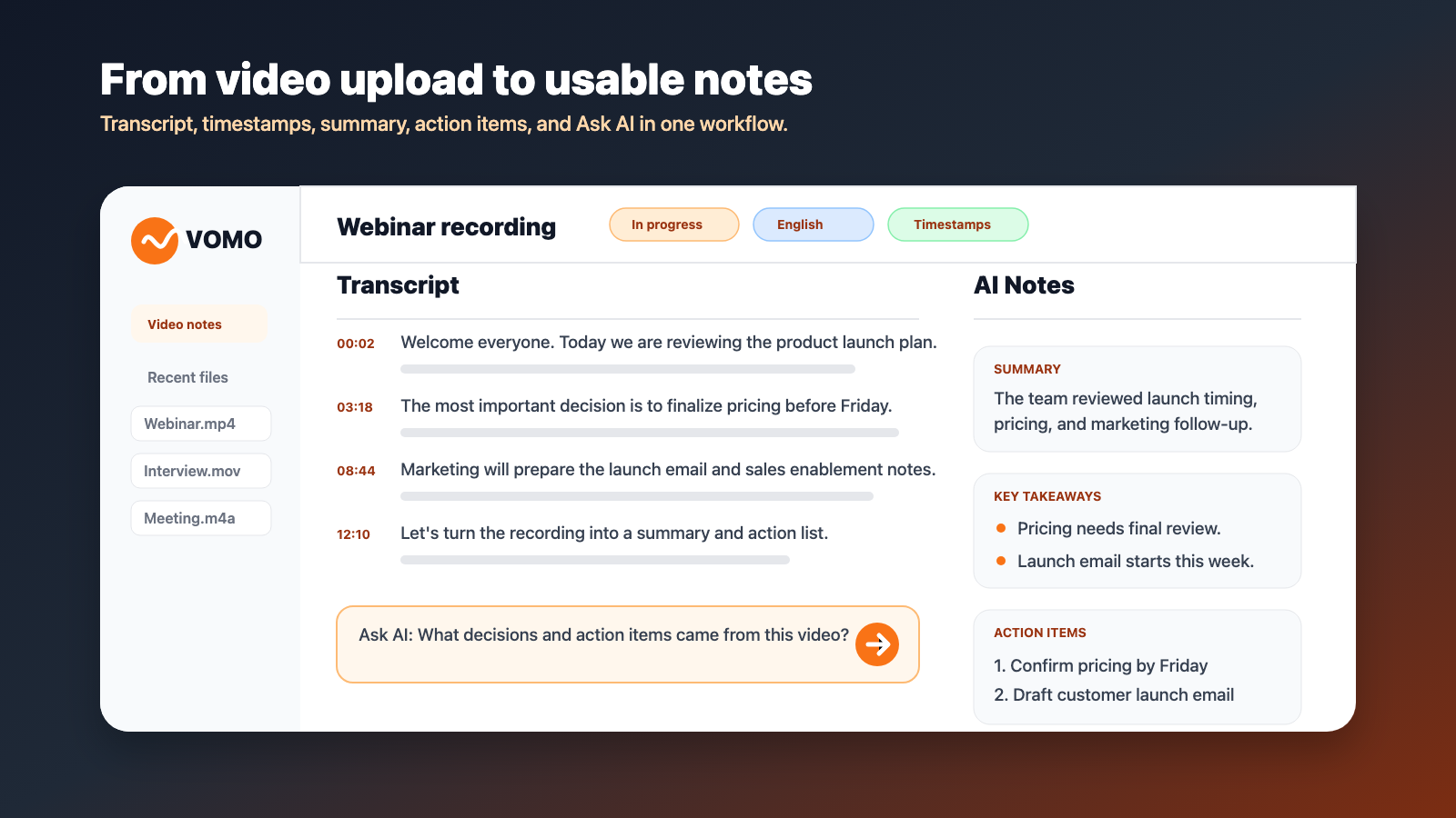 VOMO transcript with timestamps, summary, key takeaways, action items, and Ask AI.